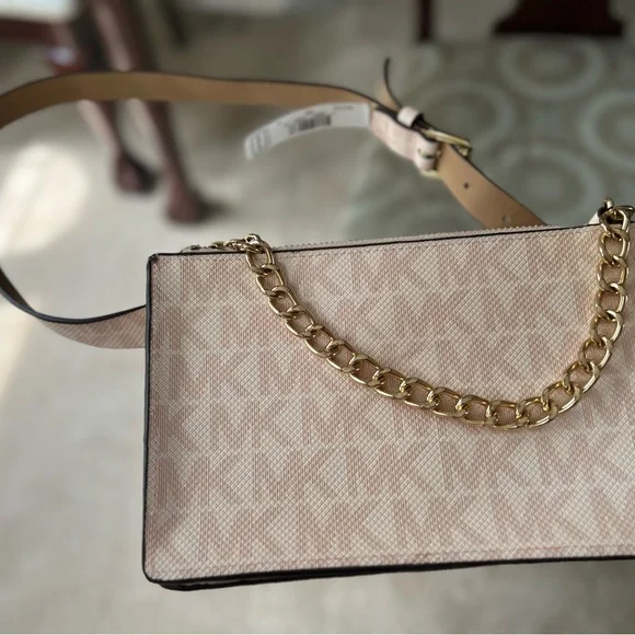 Michael Kors Monogram Nude Pink Leather Fanny Pack Belt with Gold Chain Zipper - Picture 2 of 9